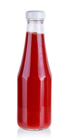 Red tomato ketchup bottle. Isolated on white backgroundの写真素材