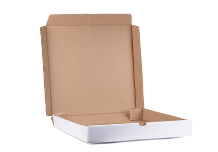 empty opened pizza box isolated on white background