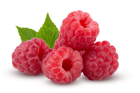 Ripe raspberries isolated on white background close up.