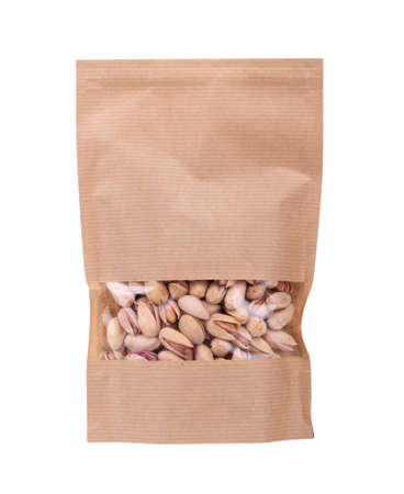 lock paper package with pistachio isolated on white backgroundの写真素材