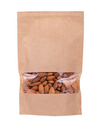 lock paper package with almonds isolated on white backgroundの写真素材