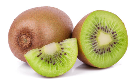Delicious sliced ripe kiwi fruits, isolated on white background.の写真素材