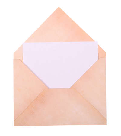 Old envelope made from old pepper with blank card on a white background.の写真素材