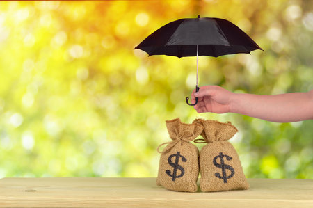 A hand protect Group of US dollar bag concept of protection risk development, wealth management and long term monetary investments.の写真素材