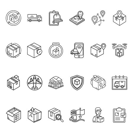 A collection of clean, modern line art icons detailing shipping, delivery, logistics, and supply chain management concepts for business and transport.のイラスト素材