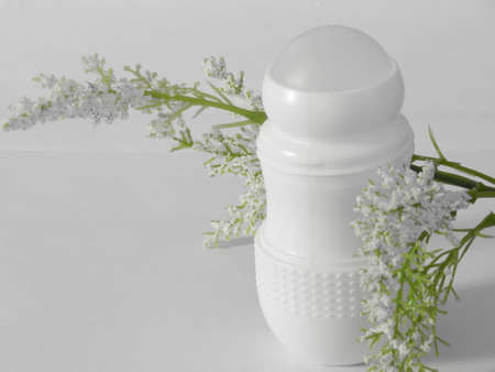 Antiperspirant deodorant roll-on for women or men. White background. Selective focus.の写真素材