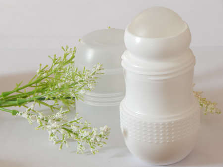 Antiperspirant deodorant roll-on for women or men. White background. Selective focus.の写真素材