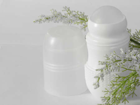 Antiperspirant deodorant roll-on for women or men. White background. Selective focus.の写真素材