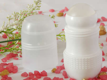 Antiperspirant deodorant roll-on for women or men. White background. Selective focus.の写真素材