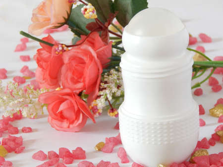 Antiperspirant deodorant roll-on for women or men. White background. Selective focus.の写真素材