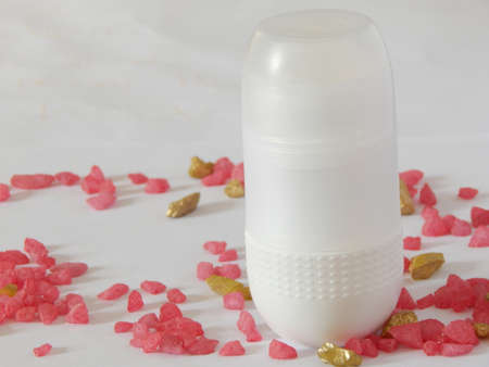 Antiperspirant deodorant roll-on for women or men. White background. Selective focus.の写真素材