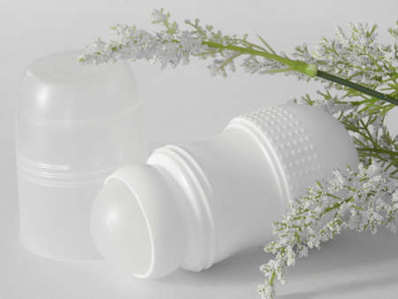 Antiperspirant deodorant roll-on for women or men. White background. Selective focus.の写真素材