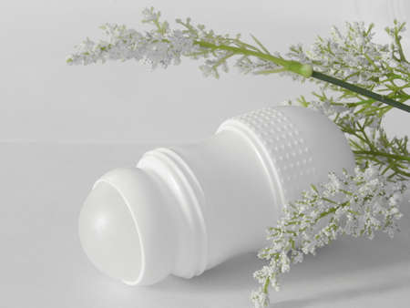 Antiperspirant deodorant roll-on for women or men. White background. Selective focus.の写真素材