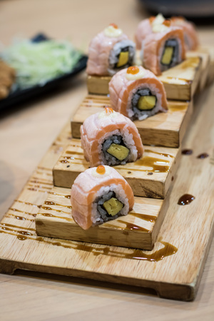 Set of sushi, maki on stone tableの写真素材