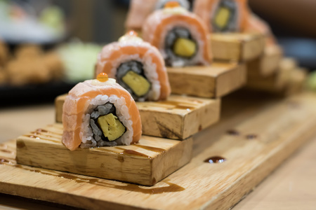 Set of sushi, maki on stone tableの写真素材