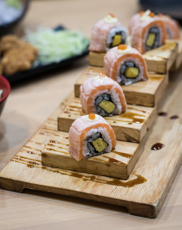 Set of sushi, maki on stone tableの写真素材