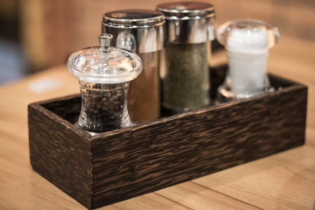 Set of ingredients and spice for cooking in box on the table