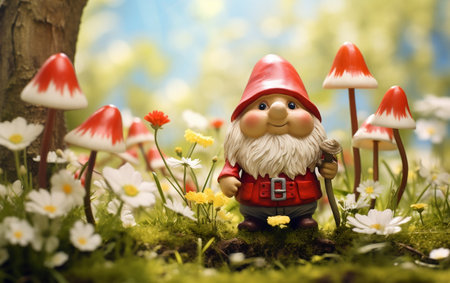 Vibrant Spring Cute Gnome in Forest Copy Concept Illustration.の素材