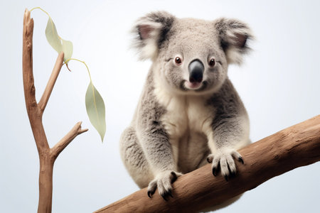 Koala Perched on Branch Close Up White Background.の素材