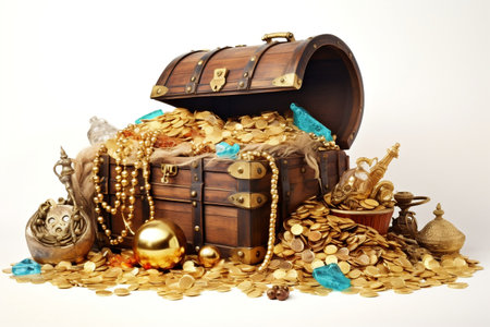 Pile of Treasure and Treasure Chest on White Background.の素材