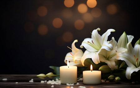 Beautiful Lily and Burning Candle on Dark Background.の素材
