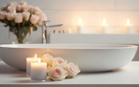 Elegant White Bathroom Interior with Modern Vessel Sink.の素材