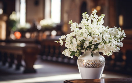 Urn with Ashes in the Church with White Flowers.の素材
