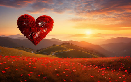 Heart Shaped Tree on a Hill Covered with Poppies.の素材