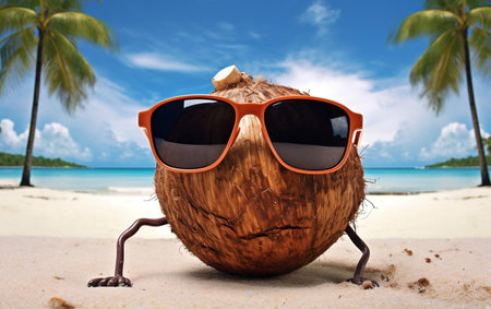 Coconut with Sunglasses on the Beach.の素材