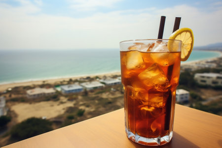 Sea's Tranquility: Iced Tea with Breathtaking Ocean View.の素材