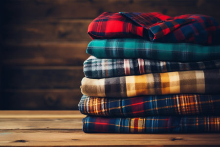 Fall Wardrobe: Stack of Flannel Shirts on Wooden Shelf. Generative Aiの素材
