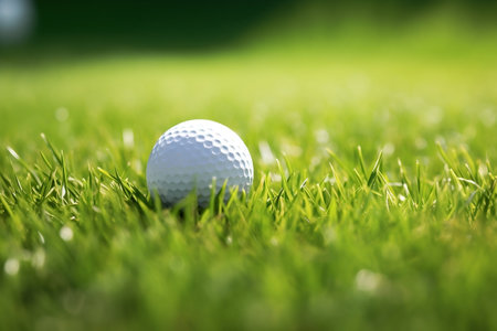Precision in Play: Close-Up of White Metal Golf Ball on Green Grass.の素材
