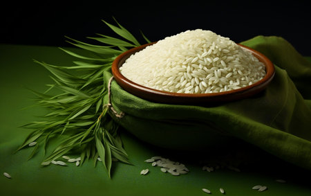 Nature's Bounty: Uncooked Rice in Bag with Rice Leaves.の素材
