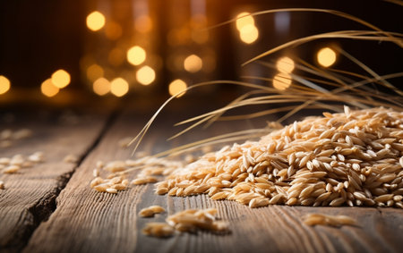 Mood Shot of Rice Grain on Wooden Table.の素材