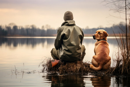 Nature's Tranquility: Hunter with Retriever Dog by Serene Lake.の素材