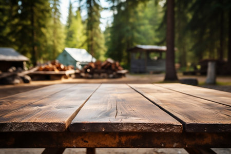 Woodland Charm: Rustic Wooden Tabletop at Campgrounds.の素材