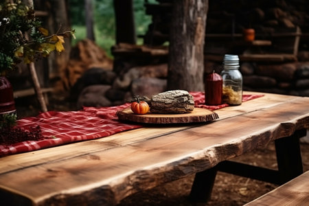 Woodland Charm: Rustic Wooden Tabletop at Campgrounds.の素材