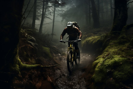 Forest Trail Adventure: Mountain Biker in the Woods.の素材