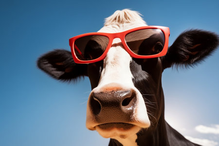 Cool Cow: A Bovine Fashion Icon in Red Sunglasses.の素材