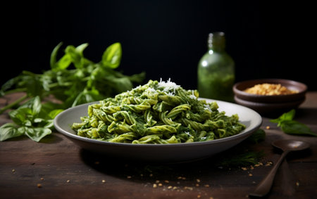 Mouthwatering Minimalism: Short Pasta Bursting with Pesto.の素材
