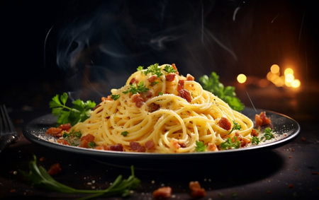 Visual Delight: Realistic Spaghetti Carbonara Presentation.の素材