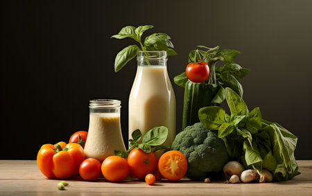 Milk Bottle Amidst Fresh Green Veggies - Nutrient-Rich.の素材