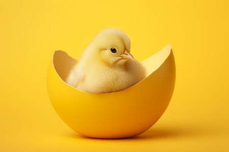 Small Yellow Chicken in a Shell on Yellow Background.の素材