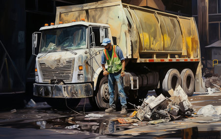 Garbage Truck and Worker in Actionの素材