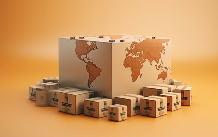 Cardboard Parcel Box on a World Map Journeyの素材