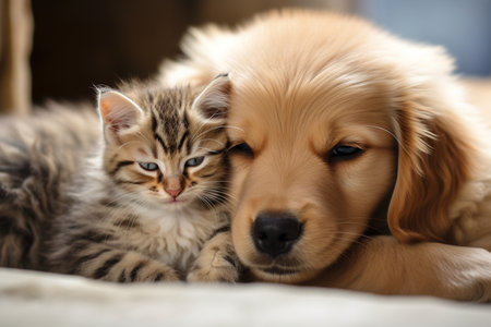 Adorable Puppy and Kitten Lying Together in a Loving Embraceの素材