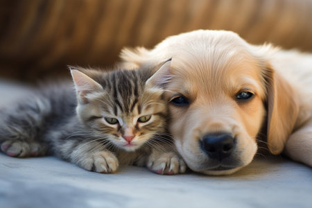 Adorable Puppy and Kitten Lying Together in a Loving Embraceの素材