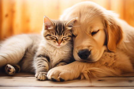 Adorable Puppy and Kitten Lying Together in a Loving Embraceの素材