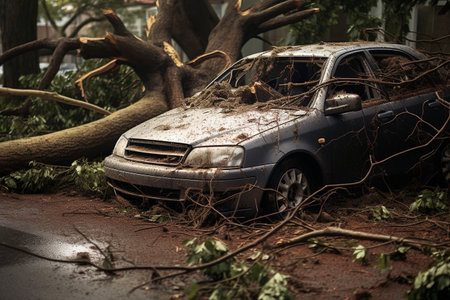 Car Under Fallen Tree After the Stormの素材