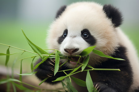 Cute Panda Cub Chowing Down on Leavesの素材